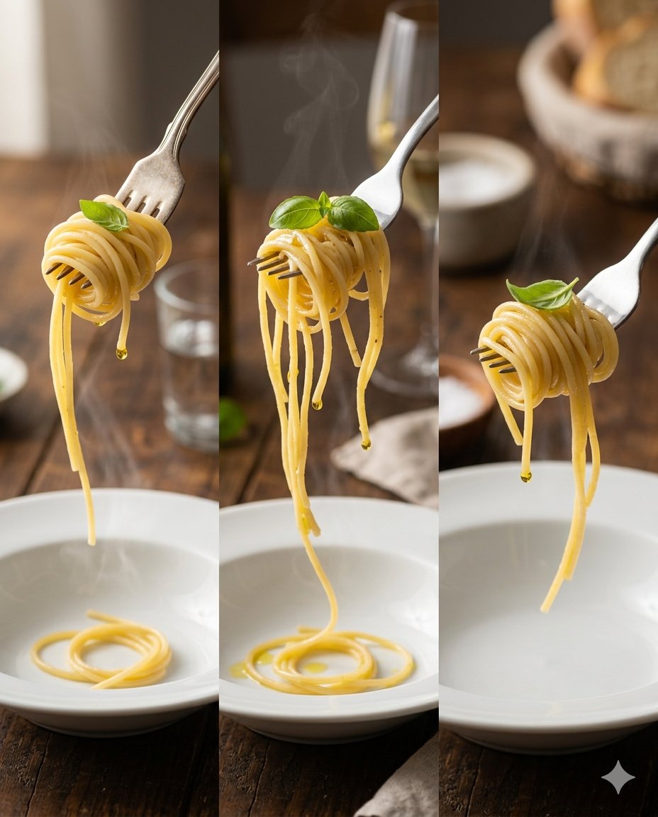 Tenedor con spaghetti al dente enrollado dejando caer hilos sobre plato hondo blanco