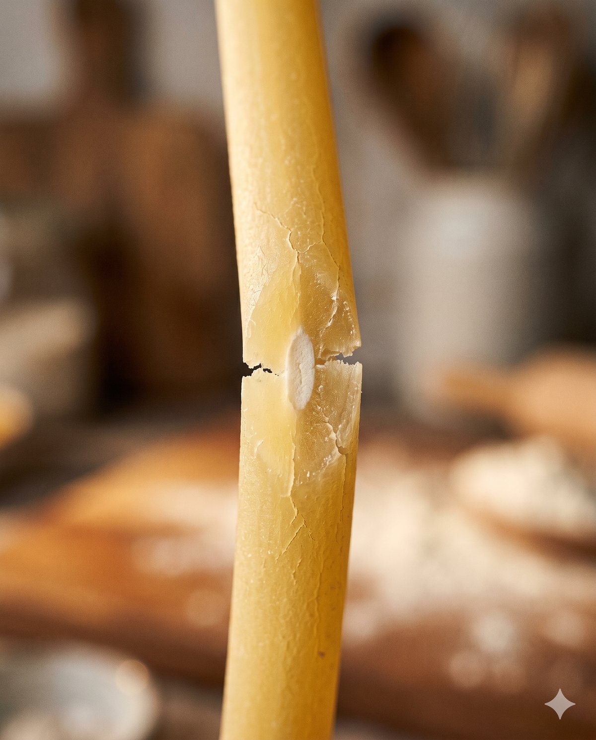 Makroaufnahme einer al dente gekochten Spaghetti in der Hälfte gebrochen mit sichtbarem weißen Kern