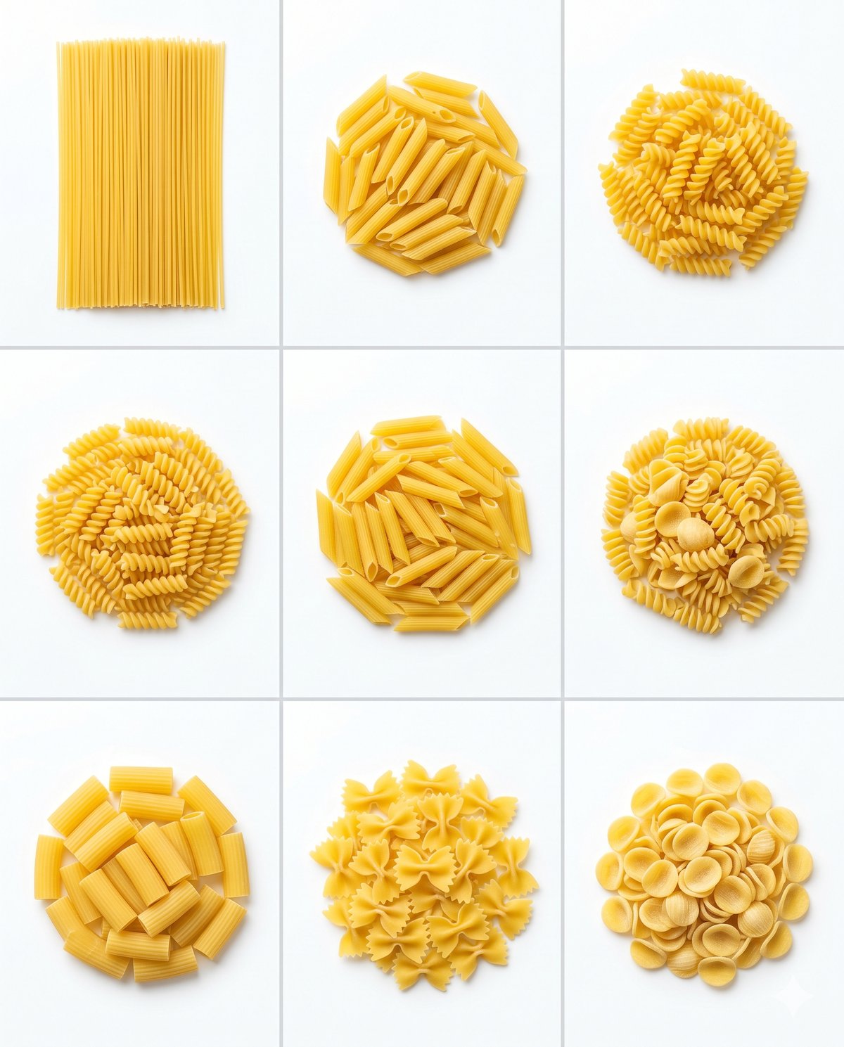 Visuelle Garzeiten-Tabelle für 6 italienische Pasta-Sorten