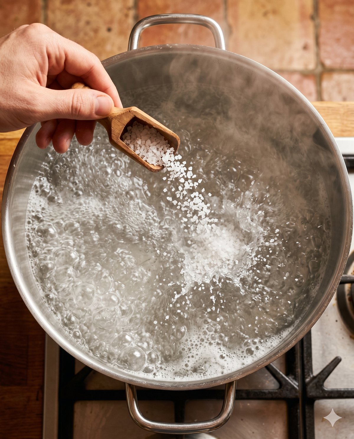 Grobes Salz wird in kochendes Wasser gegeben, kurz vor dem Hinzufügen der Pasta