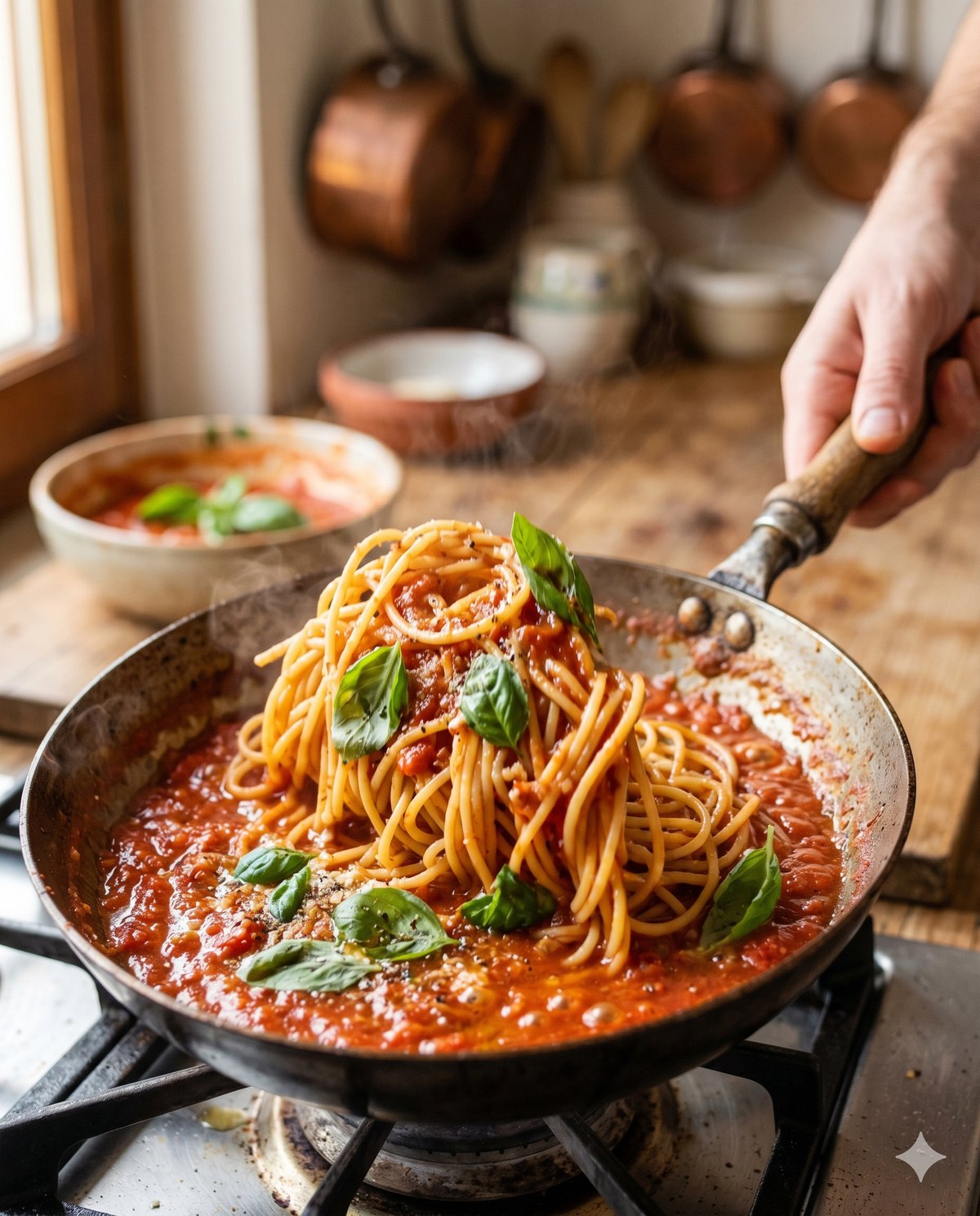 Pasta wird in der Pfanne mit Tomatensauce fertiggegart für die perfekte al-dente-Textur