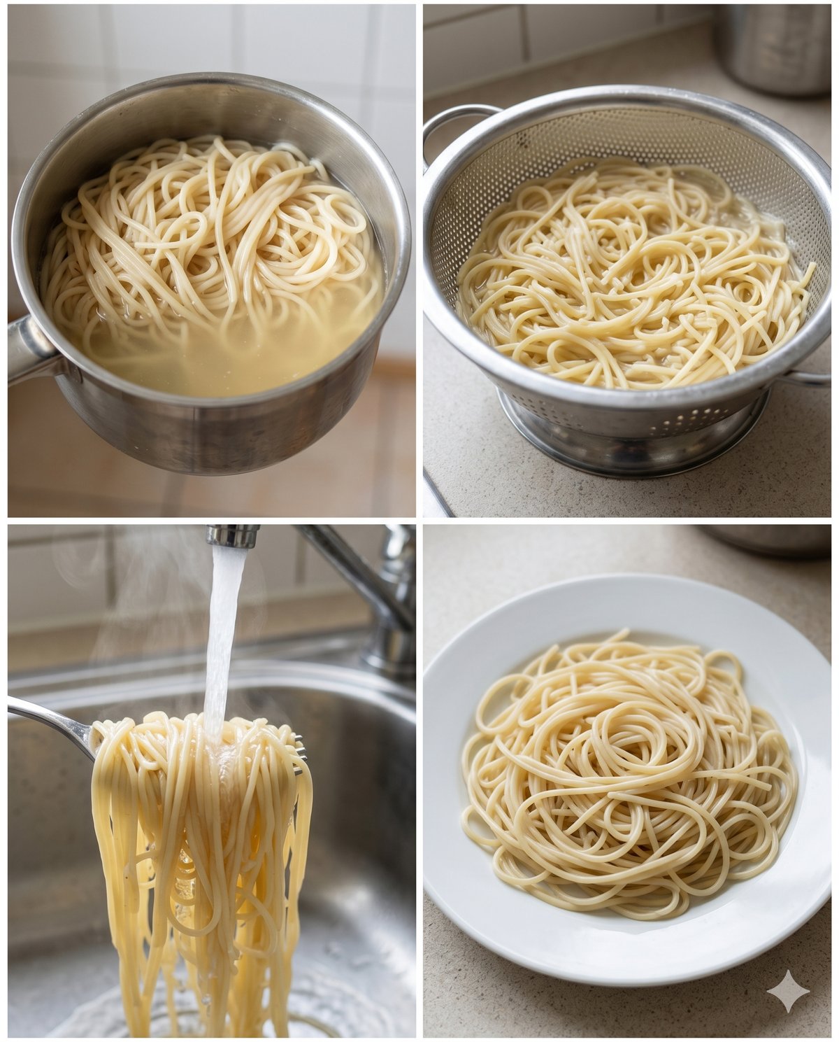 Vier typische Fehler beim Pasta-Kochen im 2x2-Raster
