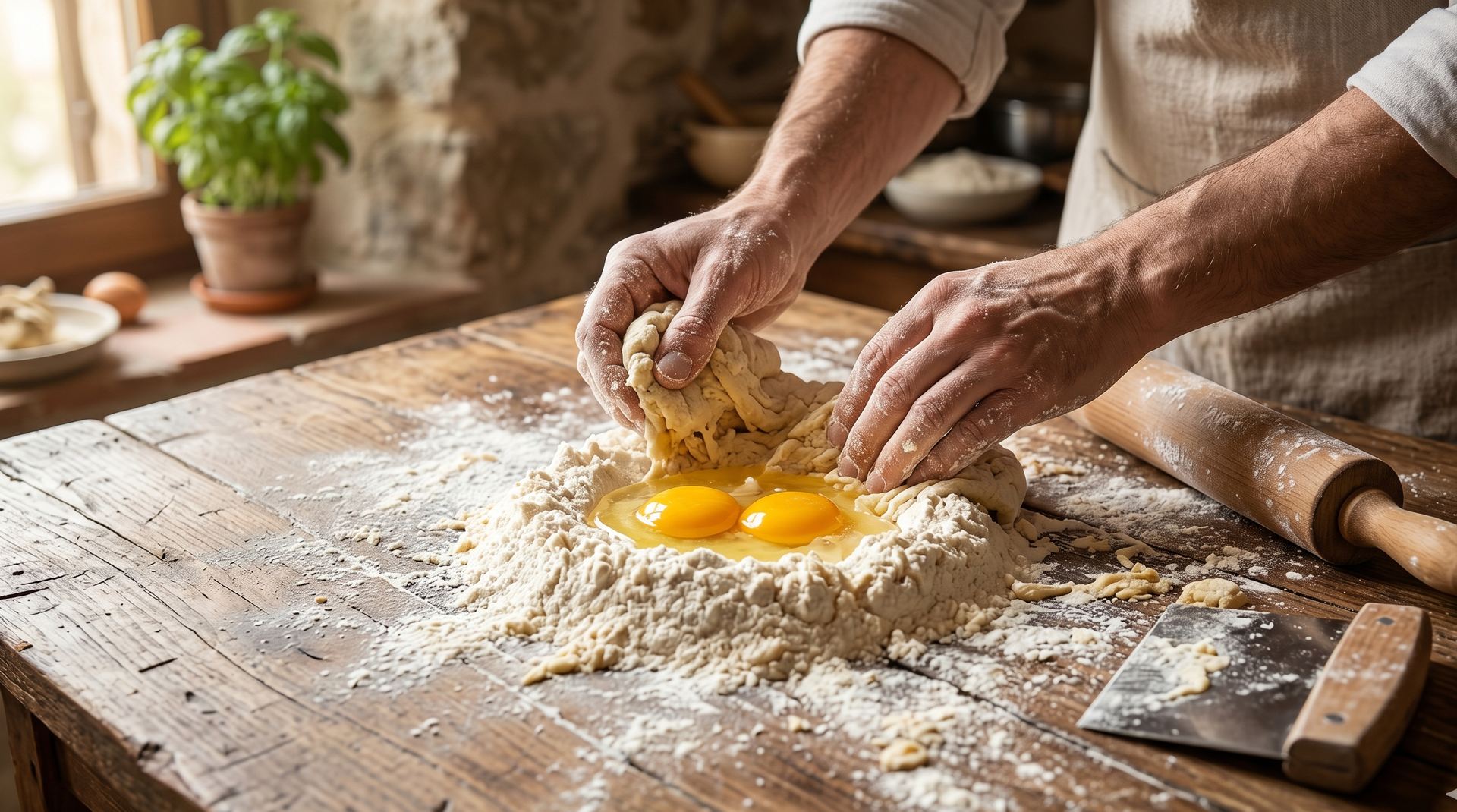 Hände kneten frischen Pastateig mit Eiern und Mehl auf einem Holztisch - Pasta selber machen Schritt für Schritt