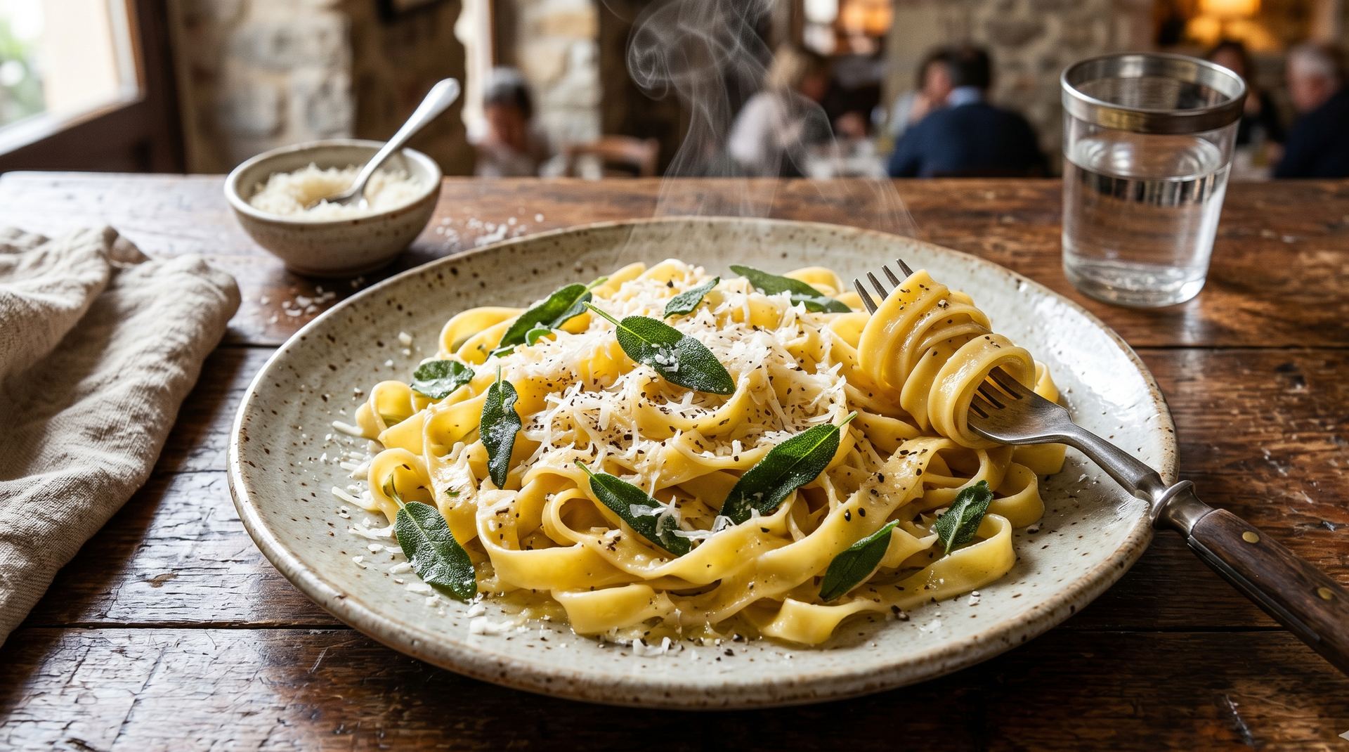Frisch gekochte Tagliatelle mit Butter, Salbei und Parmesan serviert auf rustikalem Keramikteller - hausgemachte Pasta