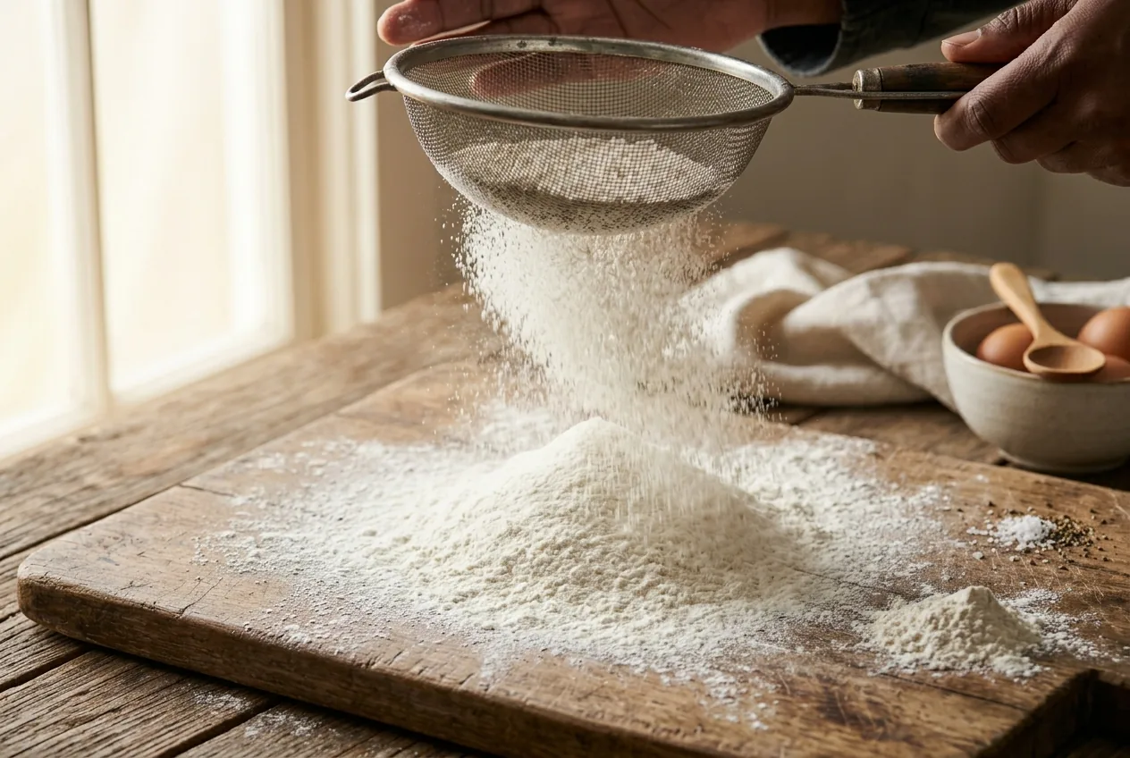 Masa pasta fresca paso 1: tamizar la harina y formar el volcán