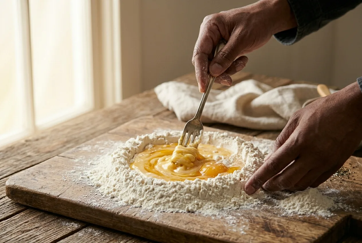 Masa pasta fresca paso 3: mezclar con el tenedor