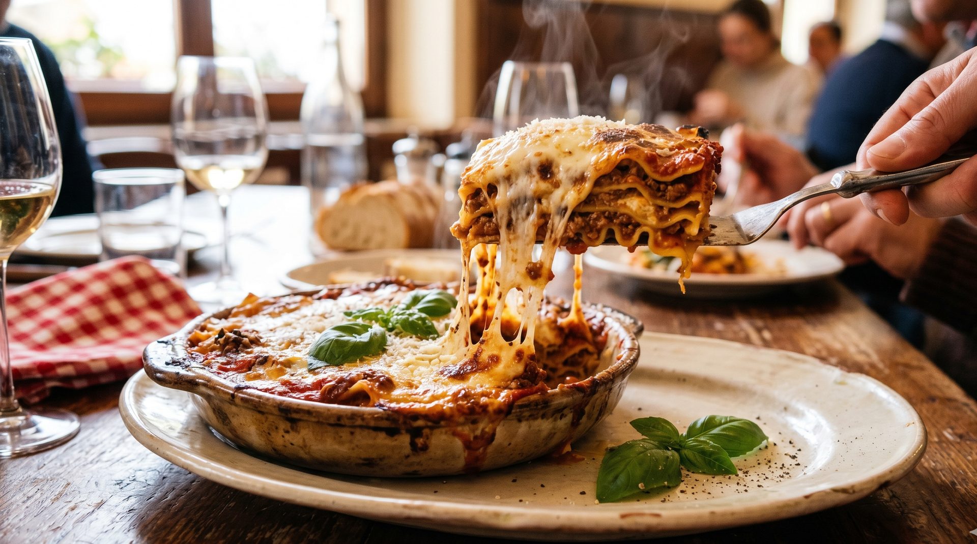 Porción de lasaña italiana recién horneada con queso fundido derritiéndose, salsa boloñesa y albahaca fresca - receta tradicional