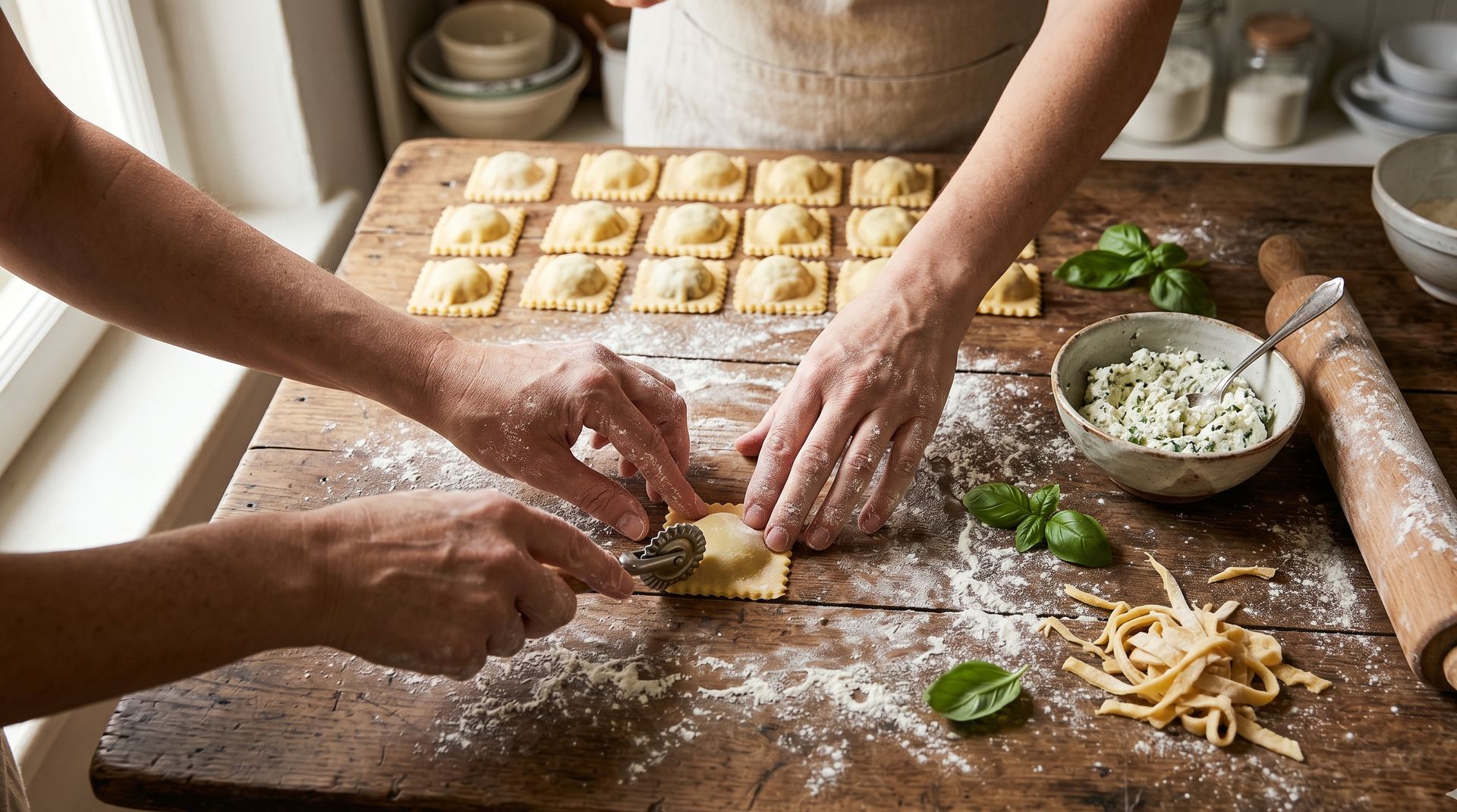 Manos preparando raviolis rellenos sobre tabla de madera con harina, ricota y albahaca - pasta casera artesanal