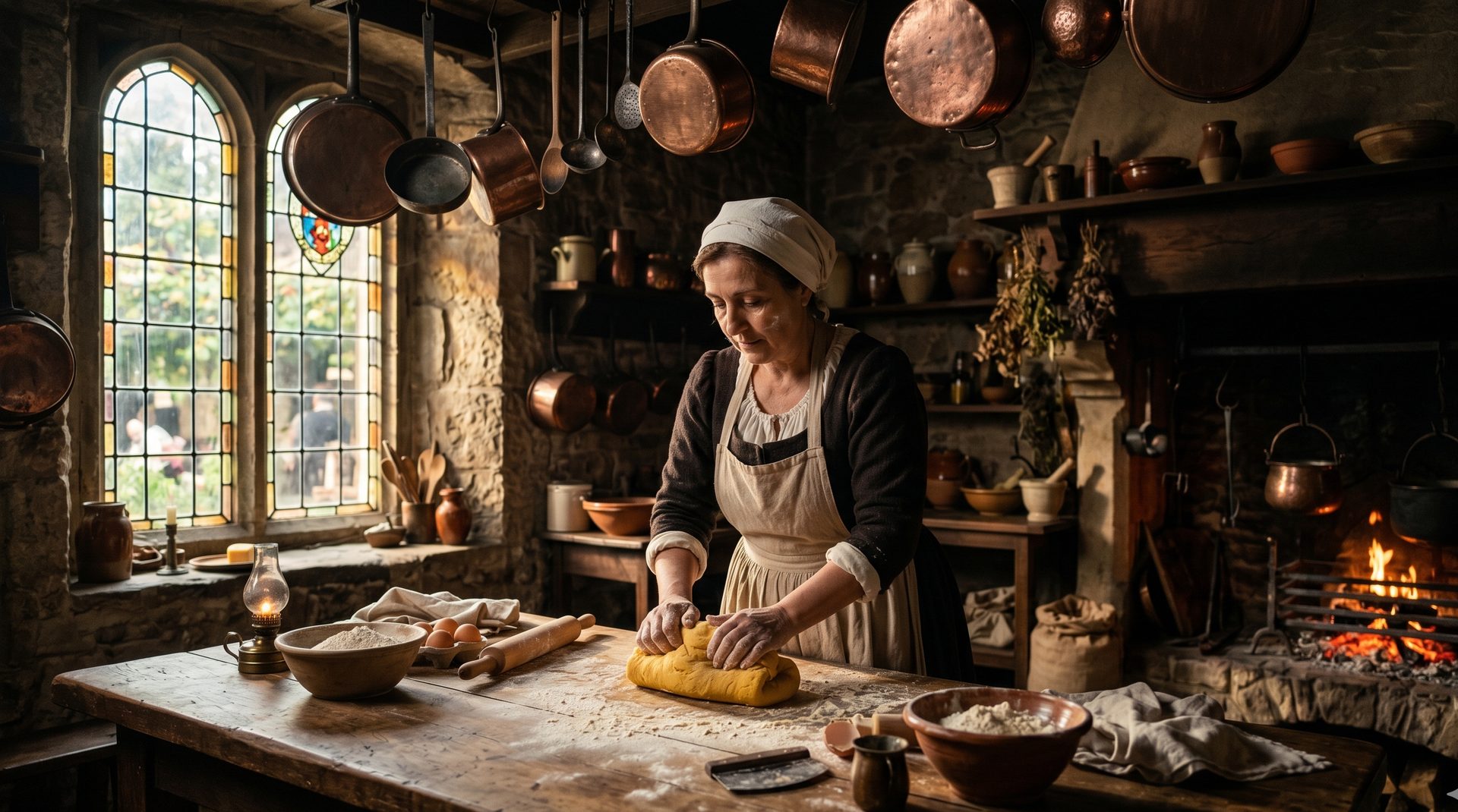 Cocinero italiano del Renacimiento amasando pasta fresca con iluminación tipo Caravaggio