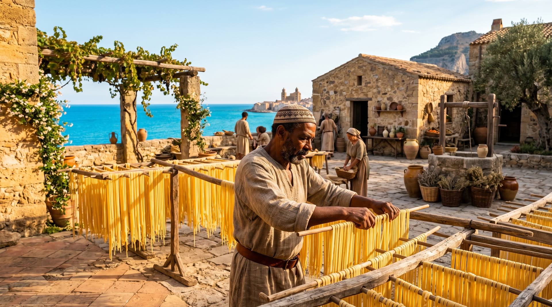 Pasta secándose al sol en la Sicilia árabe del siglo XII