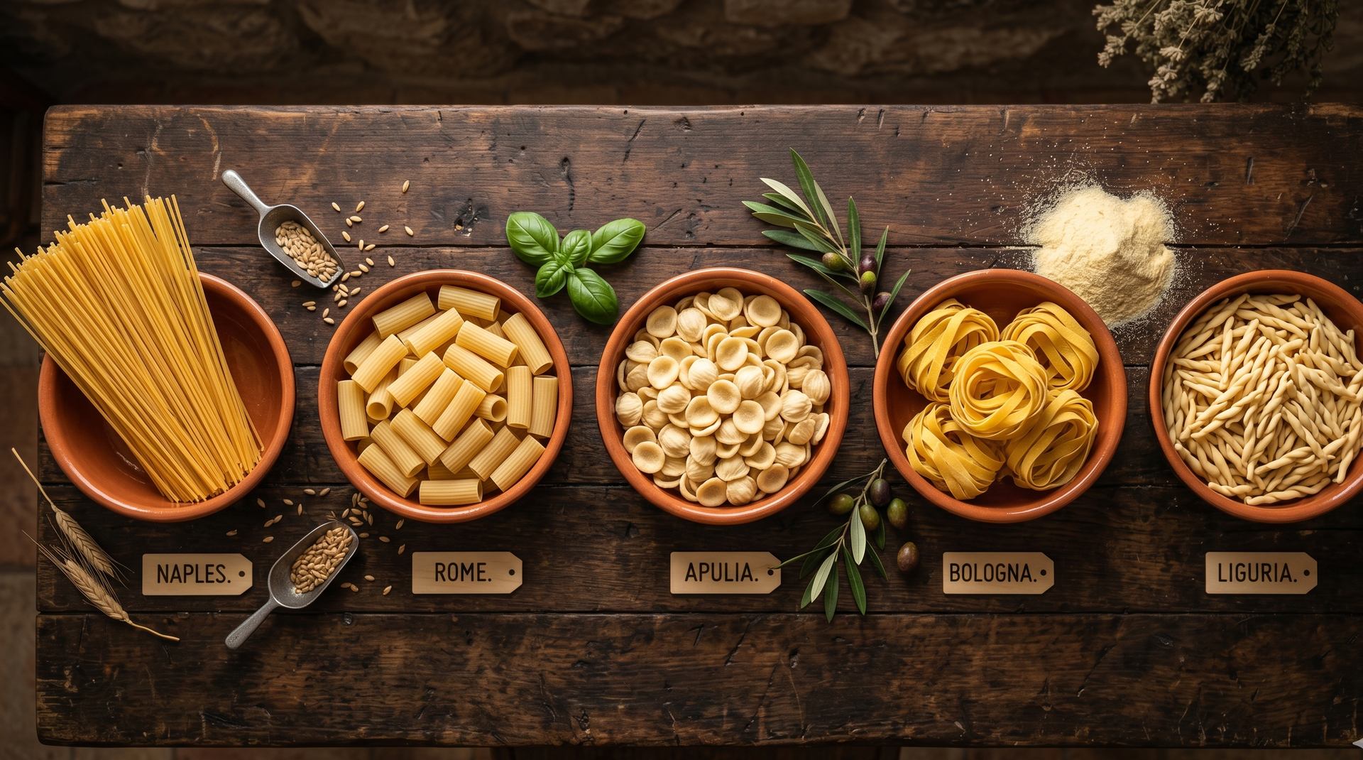 Variedades regionales de pasta italiana: espagueti, rigatoni, orecchiette, tagliatelle y trofie
