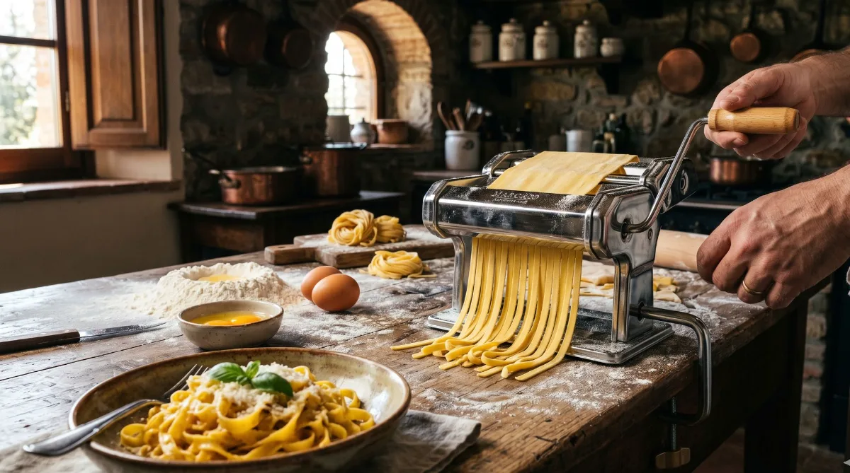 M&aacute;quina manual de pasta cromada cortando tagliatelle frescos, con huevos y harina sobre una mesa r&uacute;stica