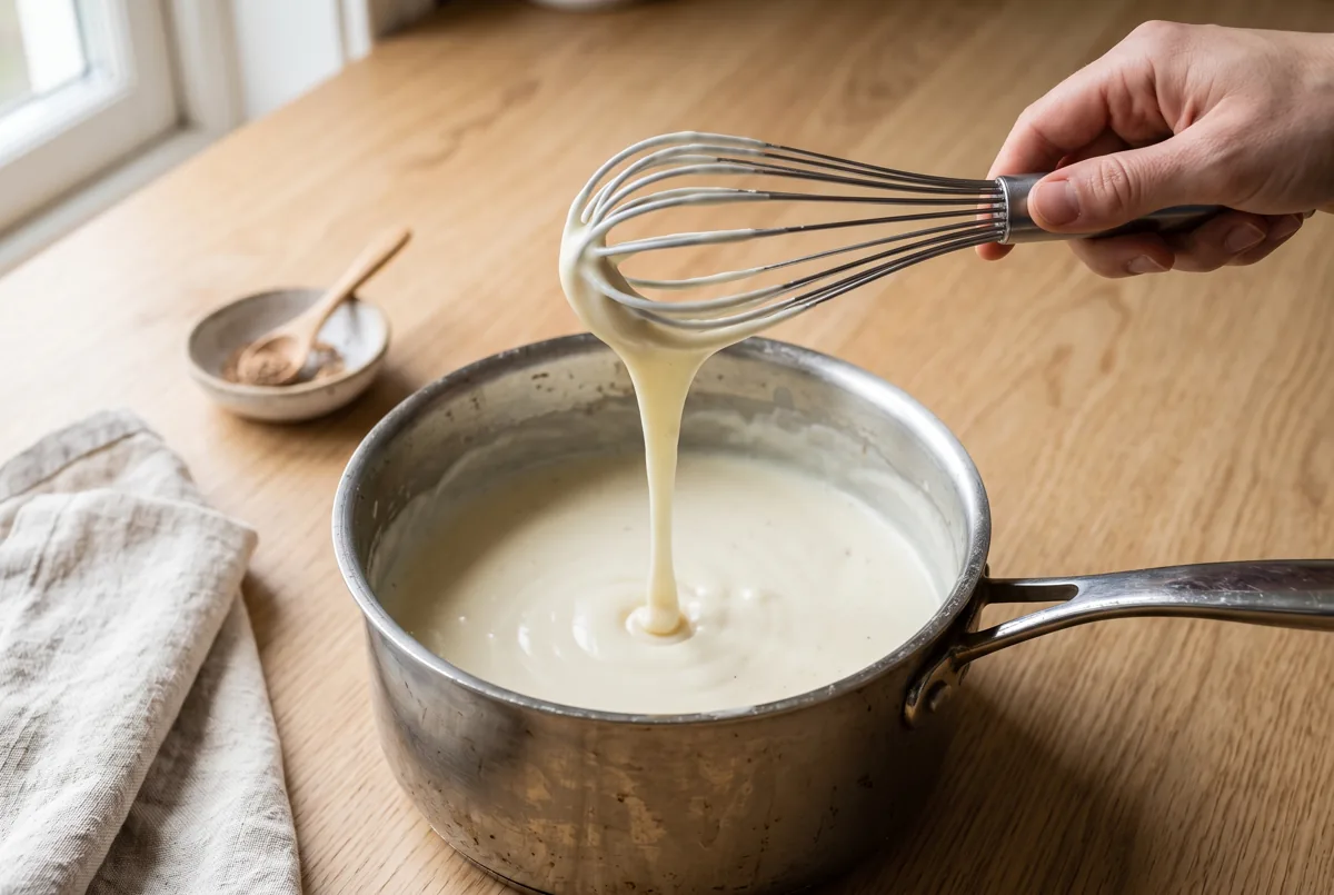 Bechamel espesa cayendo de una varilla en una cinta continua sobre el cazo