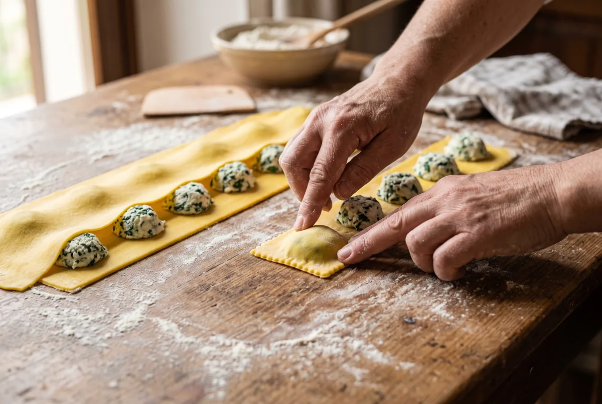 Manos sellando un ravioli sobre la lámina de masa, con los montoncitos de relleno de ricotta y espinaca alineados