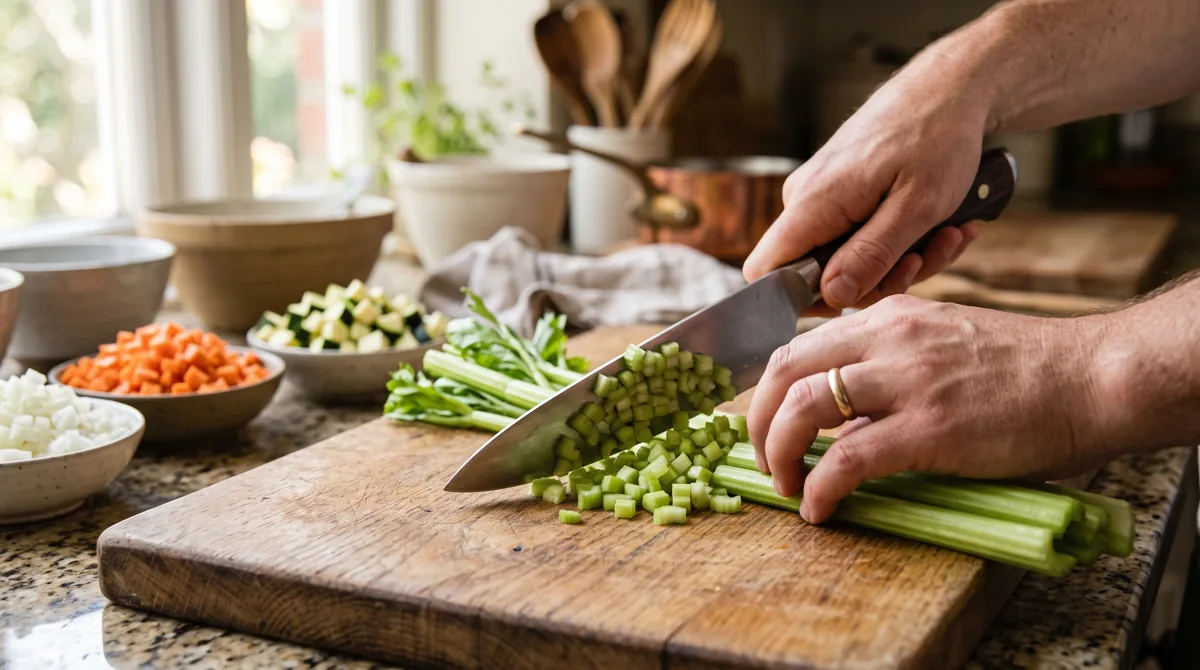 Manos cortando apio en una tabla de madera junto a zanahoria, cebolla y calabacín ya troceados para el minestrone