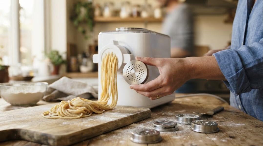 Edelstahl-Formscheibe für eine vollautomatische Nudelmaschine (KI-generiertes Bild)