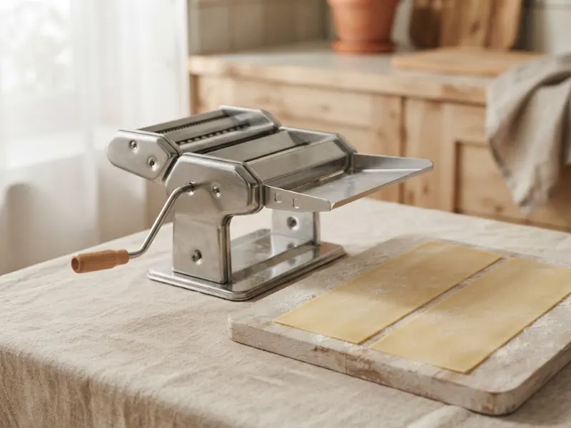 Ilustración generada con IA de una máquina de pasta manual con guía para láminas anchas y láminas de lasaña sobre una tabla