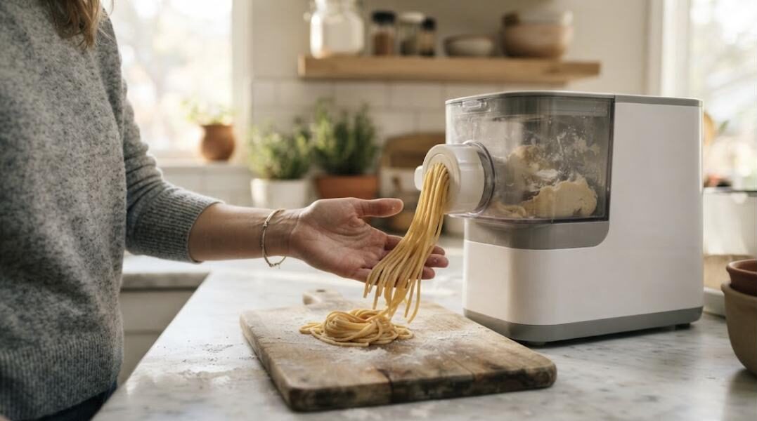 Máquina de pasta automática extruyendo espaguetis frescos (imagen generada con IA)