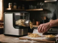 Máquina de pasta automática negra y acero extruyendo penne (imagen generada con IA)