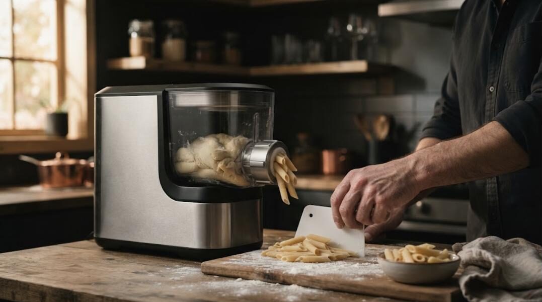 Máquina de pasta automática negra y acero extruyendo penne (imagen generada con IA)