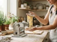 Máquina de pasta eléctrica de acero inoxidable cortando fettuccine frescos (imagen generada con IA)