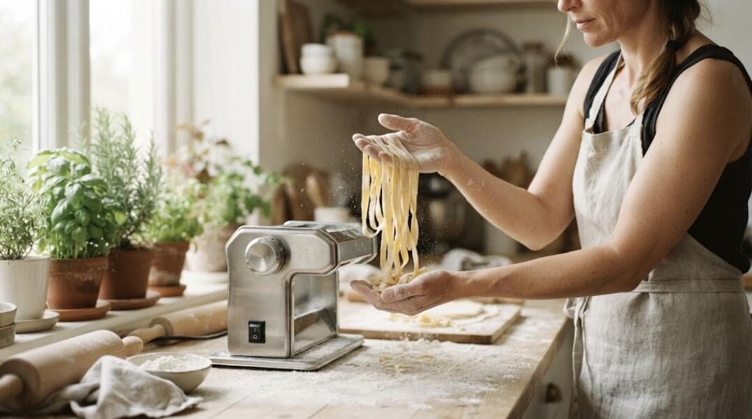Máquina de pasta eléctrica de acero inoxidable cortando fettuccine frescos (imagen generada con IA)