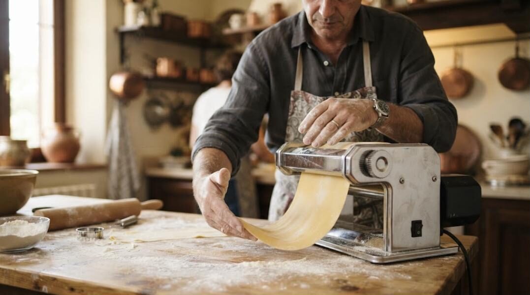 Máquina de pasta eléctrica de rodillos con motor laminando masa (imagen generada con IA)