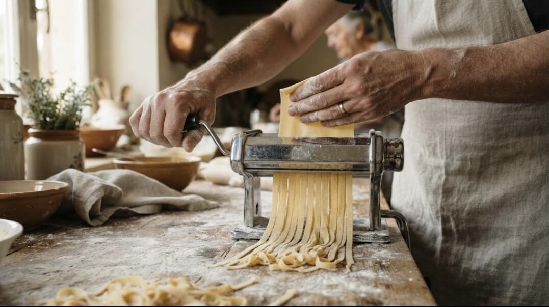 Máquina de pasta manual cromada cortando tagliatelle frescos (imagen generada con IA)