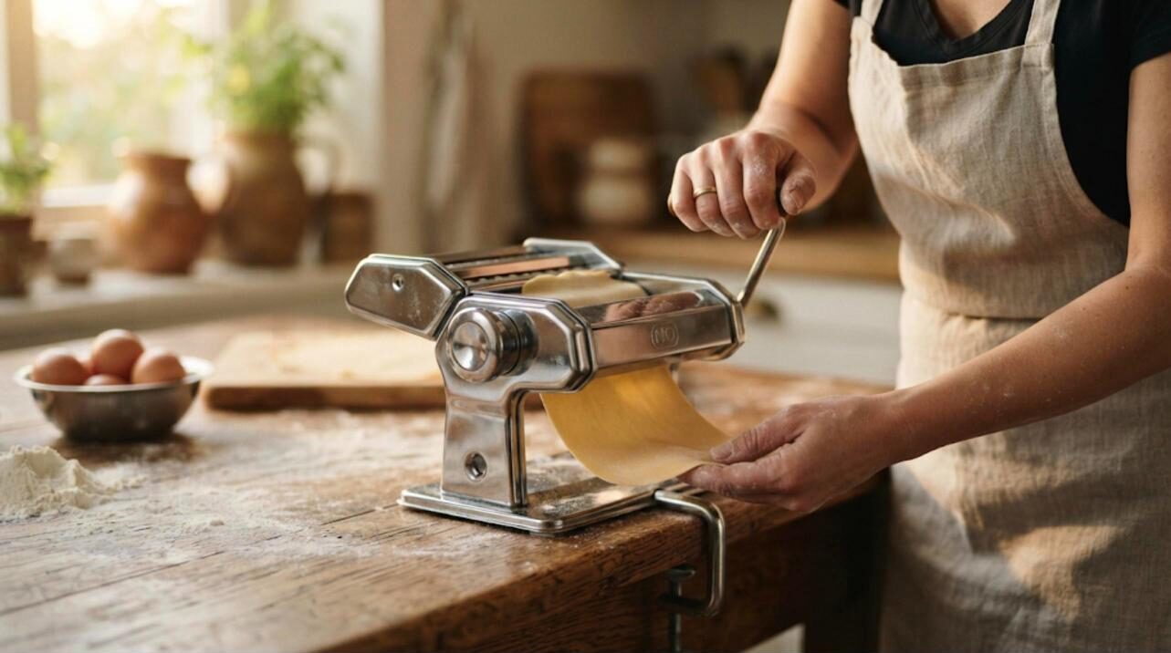 Máquina de pasta manual cromada laminando una hoja de masa fresca (imagen generada con IA)