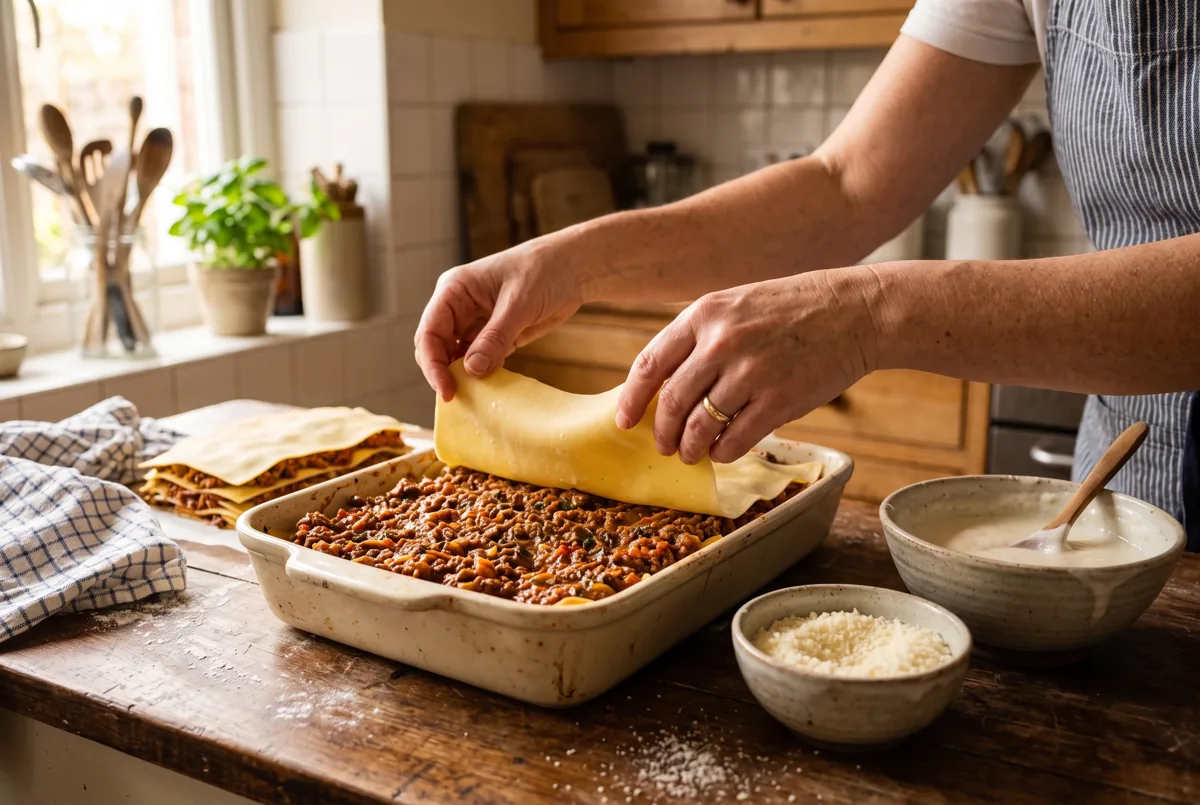 Manos colocando una lámina de pasta sobre una capa de ragú en la fuente de horno