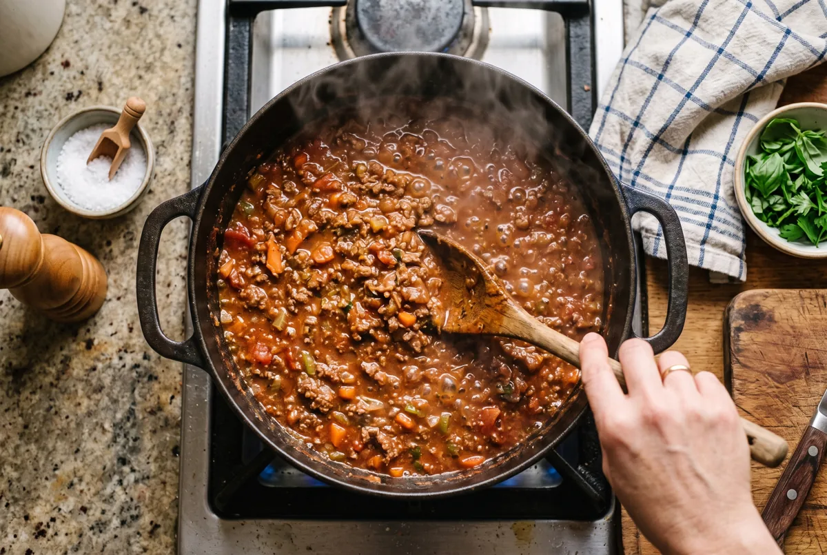 Cazuela de hierro con ragú de carne cociendo a fuego lento y una cuchara de madera removiendo