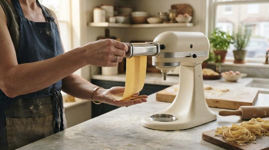 Robot de cocina con accesorio de rodillo para pasta laminando masa fresca (imagen generada con IA)