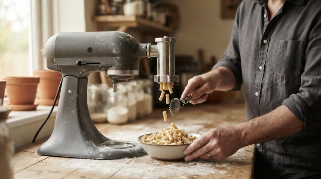 Robot de cocina con prensa de pasta extruyendo macarrones frescos (imagen generada con IA)