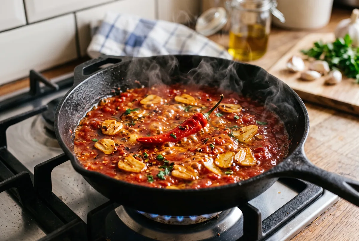 Sartén de hierro con salsa arrabbiata burbujeando, ajo laminado dorándose y una guindilla roja