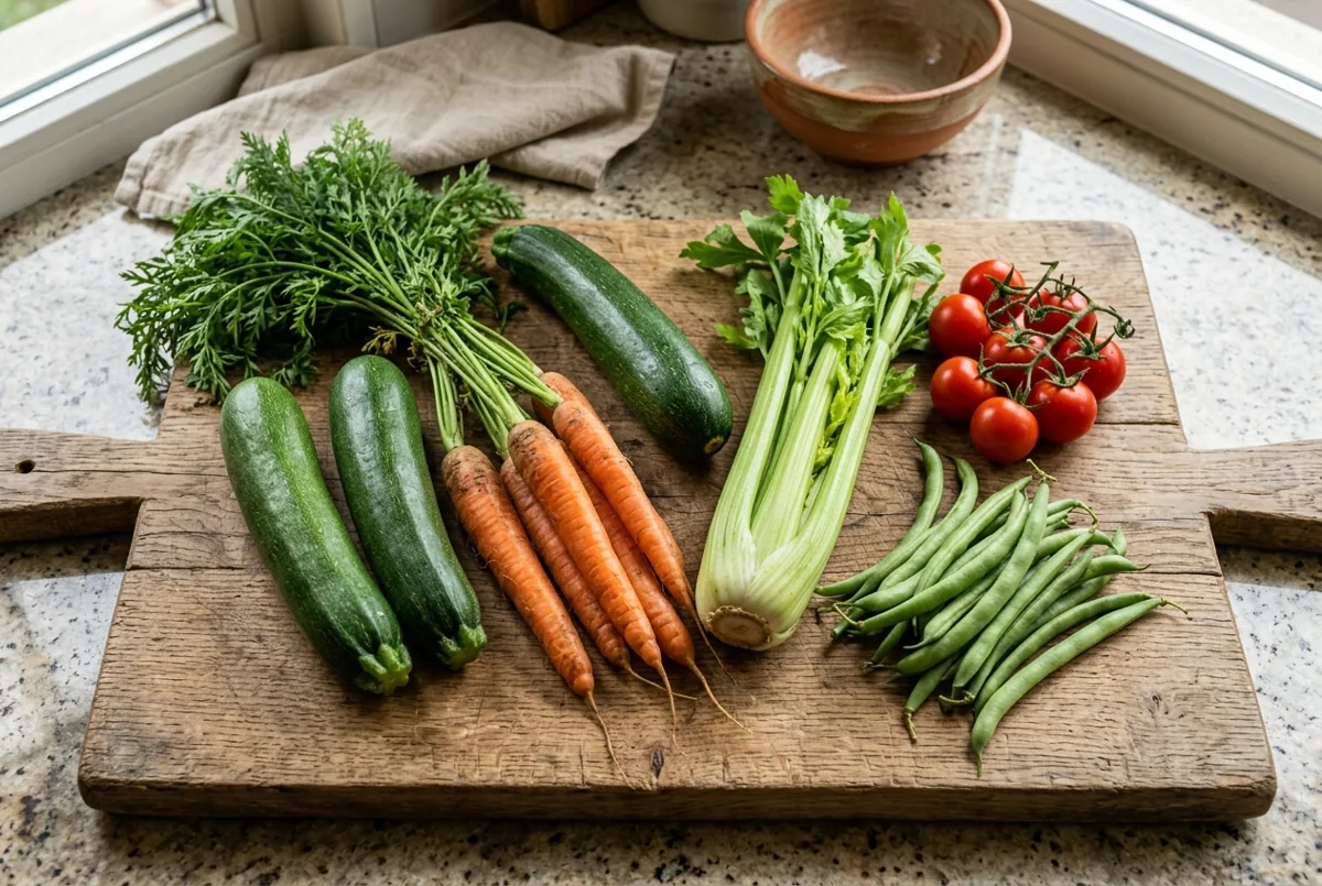 Calabacines, zanahorias, apio, tomates y judías verdes crudos sobre una tabla de madera